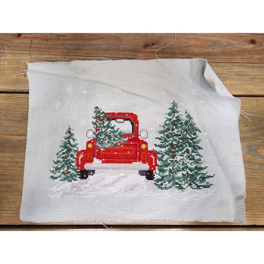 Cross Stitch Merry Christmas Red Farm Truck with Christmas Trees finished